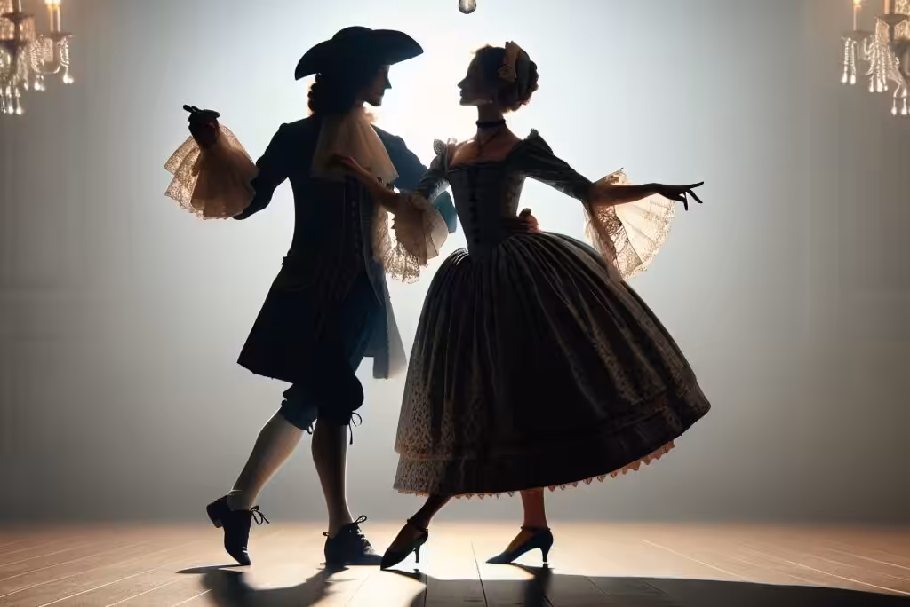 A man in a blue 18th-century suit and a woman in a floral gown dance gracefully, silhouetted against a soft light.